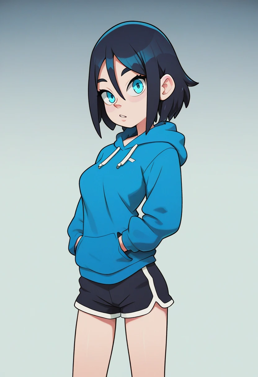 score_9, score_8_up, score_7_up, source_anime, best quality, clear face,skinny cool bright girl,black hair, blue eyes, medium hair, medium breasts, perfect body, s, looking at viewer, cool talking, mini black jumper shorts,blue underneath, plain blue hoodie,summer,two hair strains on sides,medium hair,middle part,baggy clothes,hair going right,standing 