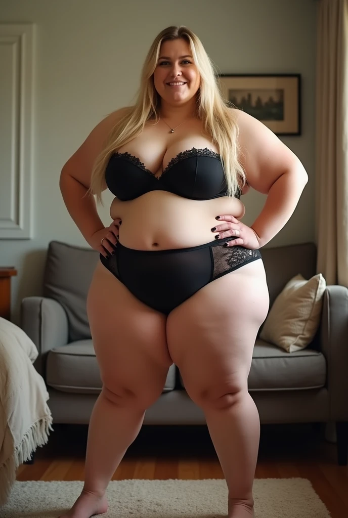 A young 19 year old blonde, very beautiful. white hair and blue eyes. Well overweight body. wearing panties and bra. smiling happily at the camera. 8k. uhd. Hyper-realistic.