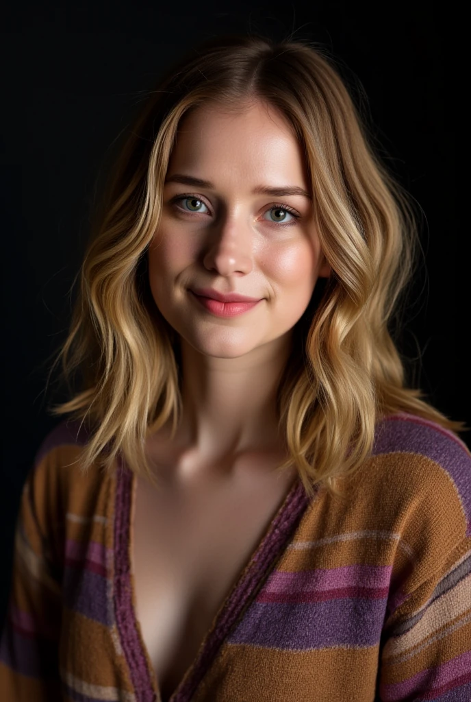  A close-up portrait photo of a woman with medium-length hair looking directly at the camera with a neutral expression.  She wears a multicolored knitted sweater on a dark background . Tits gigantes, cum on her face, Happy Reflector Lighting. ,Tits, busty, Tits rompiendo el sueter