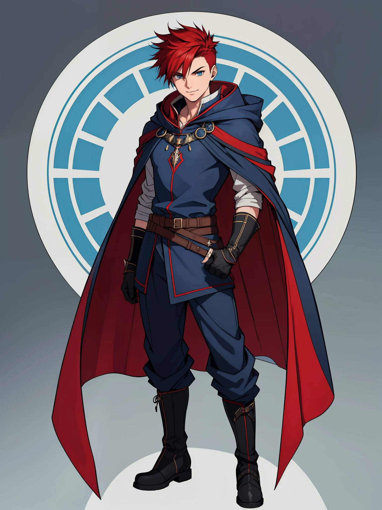 (high-quality, breathtaking),(expressive eyes, perfect face) 1male, boy , solo, young adult, short hair length, spiked hair, red hair color, red eye color, blue hooded cape, hood up, grey background, symmetrical eyes, full body, portrait, symmetrical body, centred composition, gloves, boots, fantasy attire, mage profession, fire emblem, smile, positive expression, blue and white robe, black under shirt, black baggy pants, kind face
