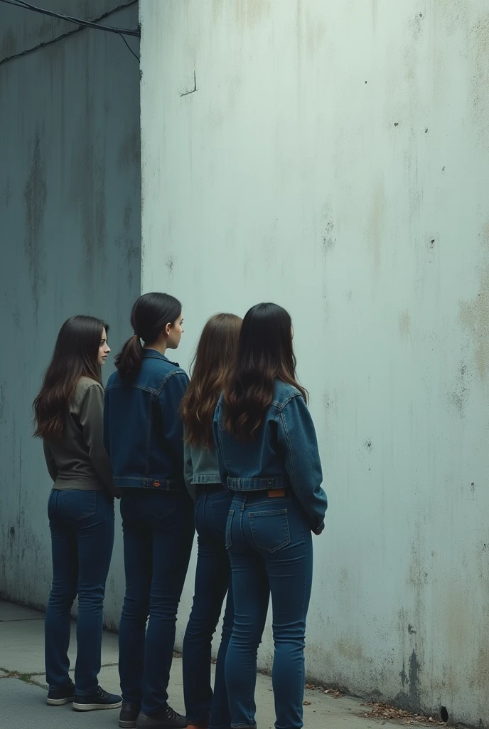 masterpiece, 8K, realistic, highly detailed, highres, best quality, detailed face, (3girls), 20 years old, blue jeans pants, full body, blush, worried, shivering, park, ((((((pee stain))))))