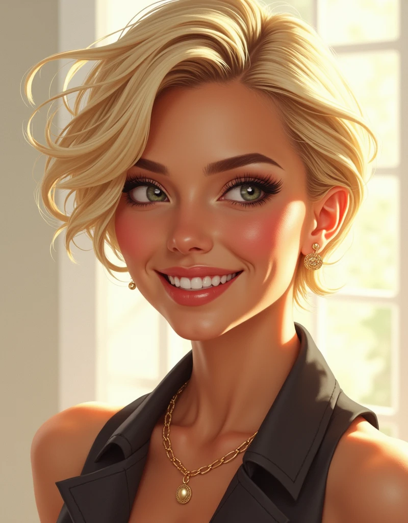 (rule of thirds), Walking city streets, Athletic blonde woman, (short hair), tomboy, cute, ((smile)), Smoky eye, mascara, sheer lace camisole. Sexy. Masterpiece, (highly detailed:1.2),(detailed face and eyes:1.2), 8k wallpaper, cinematic lighting. core shadows, high contrast, bokeh