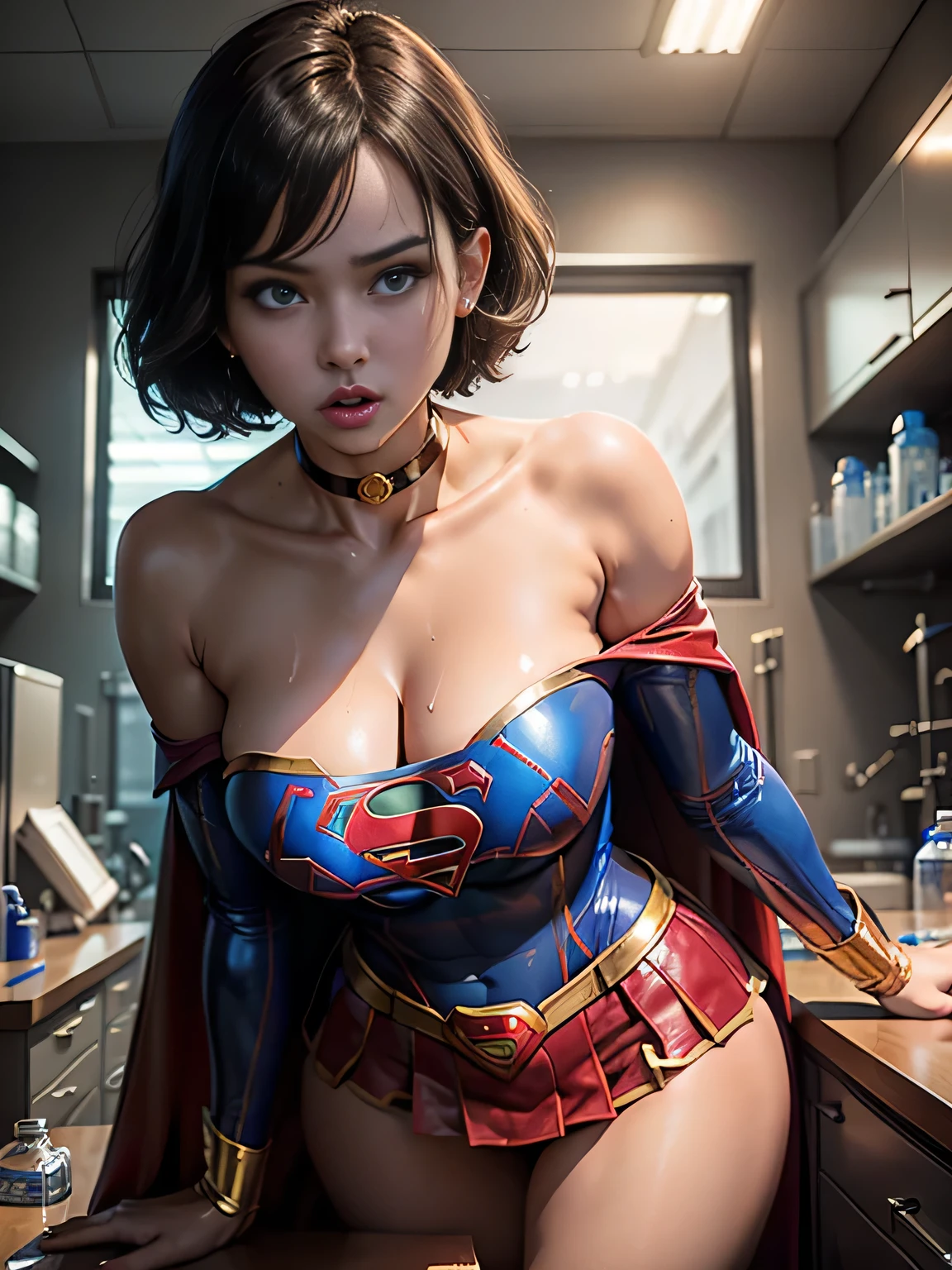 ​masterpiece、Short-haired Supergirl trapped inside a test tube、large full breasts、Looking at the camera、Glossy costume、