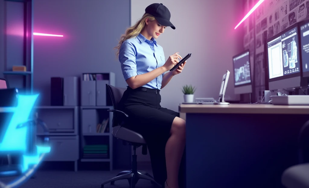 Woman, looking her tablet, giant boobs, security oficer uniform, gray cap, white skin, blonde hair, security office, giant tits, nice face, ultra realistic, viendo a la camara, giant ass, nice eyes, opened eyes, HD, 4k,  ultra realistic