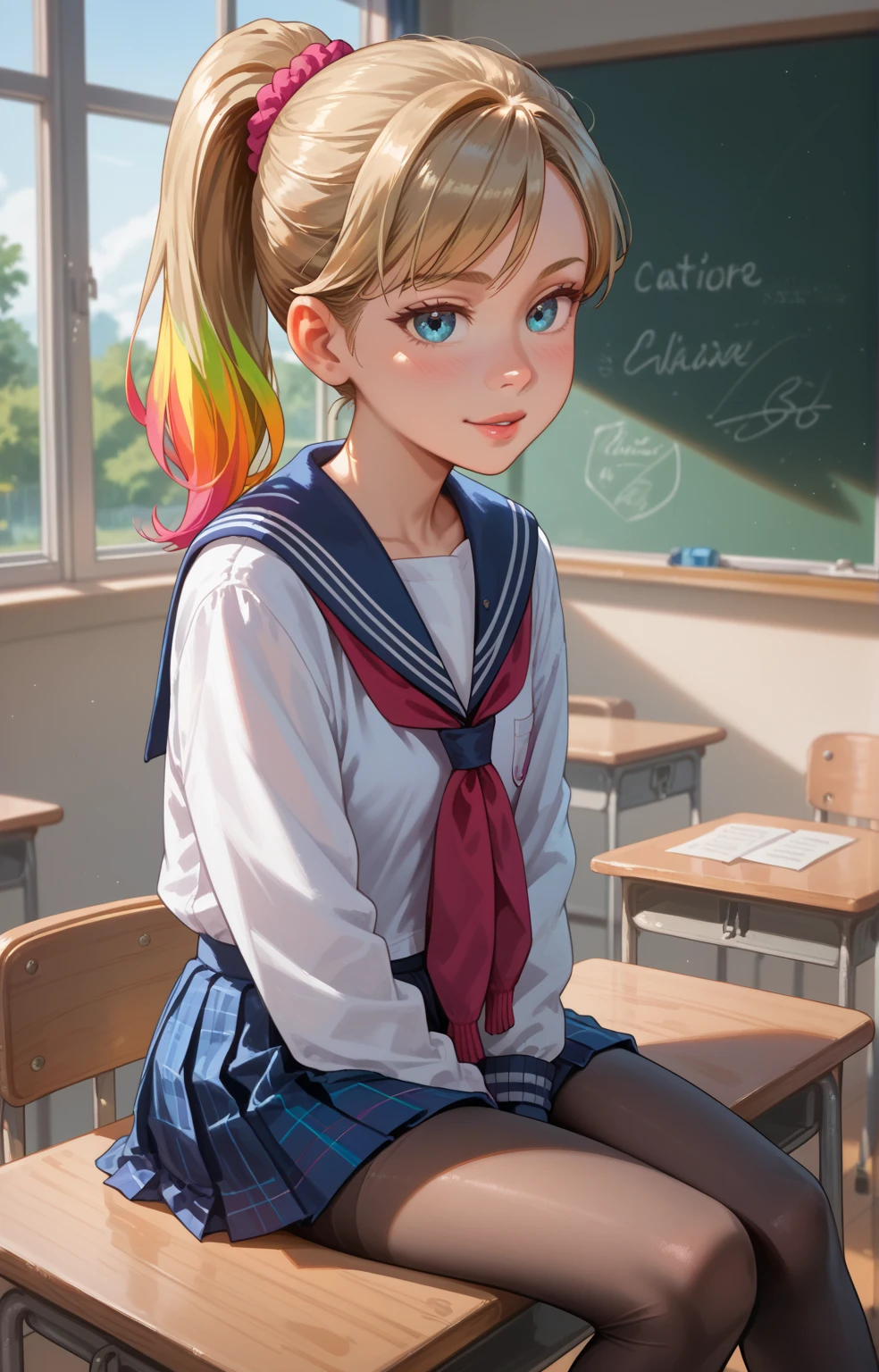 score_9, score_8_up, score_7_up, 1girl, 4k,  vibrant colors, masterpiece, blond ponytail hair, sitting on desk in classroom, school uniform, tights, sexy pose, close up,