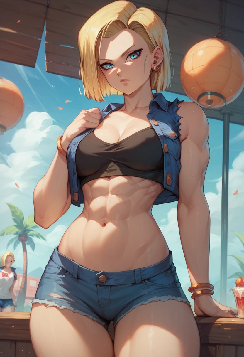 A woman, strong build ,  slim waist ,  wide hips, muscular thighs, big bust, blonde,  blue eyes , It looks a lot like Android 18 from Dragon Ball Z, desnuda 