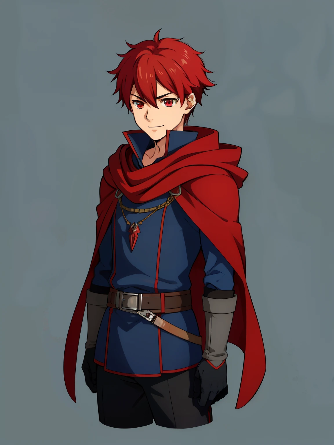 (high-quality, breathtaking),(expressive eyes, perfect face) 1male, boy , solo, young adult, short hair length, spiked hair, red hair, red eyes, sky blue hooded cape, hood up, grey background, symmetrical eyes, full body, portrait, symmetrical body, centred composition, gloves, boots, fantasy attire, mage profession, fire emblem, smile, positive expression, blue and white robe, black under shirt, black baggy pants, kind face, simple background
