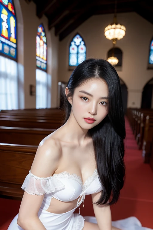 , (Mature body), Solitary,Long gray hair,black hair color, Off-shoulder, black eyes,1 Sister,A sexy pose,best quality,masterpiece,Lighting,Extremely exquisite and beautiful,CG,Unite,8k wallpaper,Astonishing,detailed,masterpiece,Official Art,The content is very detailed Cg Unite 8k wallpaper,Extremely ridiculous,Huge file size,ultra - detailed,high resolution,The content is very detailed,Beautiful and delicate girl,Practical,full,Inside the church,Light Contrast, Lopez, Full body image, full, White under underwear