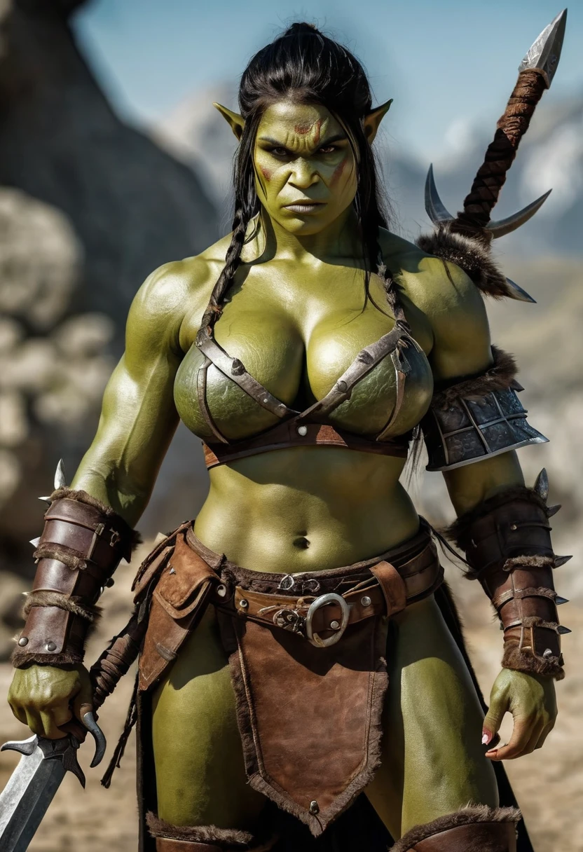 Young orc woman, big fangs, female orc, (green skin) , peaceful expression, dirty clothes and hair, wool and fur clothes, ((topless)) , bone jewelry, forest background, natural lighting, tribal tattoos, big body, highly detailed, 4k, photorealistic, dramatic lighting, cinematic, fantasy art, ultra high quality, sharp Focus, orczor