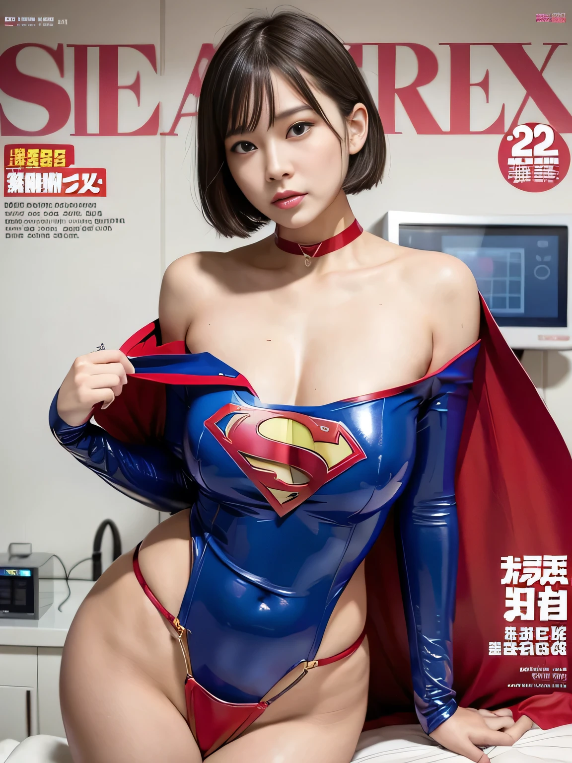 masterpiece、Enamel Supergirl Costume、Short Hair、Hospital operating table、Crisis situation、Big and ample breasts、looking at the camera、Shiny、Off the shoulder、choker、Long sleeve、exy poses to seduce、Sweaty skin、Model Body Type、Alluring、charm、Enchanting、Abused、test subject、victim、Wild、Photorealistic、latex、Expose your belly、athlete、Racing Bloomers、Adult magazine cover、Beautiful Body、