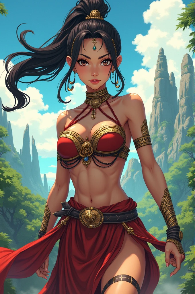 ((small chest, mature:1.4)), beautiful Asian woman, (original, soft lighting:1.2), (realistic:1.3) (mixed Korean), beautiful girl with beautiful details, extremely detailed eyes and face, eyes with beautiful details, absurd, incredibly absurd, huge file size, ultra detail, high resolution, ultra detailed, best quality, masterpiece, illustration, ultra detailed and beautiful, ultra detailed, CG, unity, 8k wallpaper, amazing, fine Detail, masterpiece, top quality, official art, extremely detailed CG unity 8k wallpaper, cinematic lighting, (perfect shiny skin:0.6), slim and smooth lines, (floating),(spread legs:1.1), ,1girl, solo, solo focus, ), black hair, twin braids, ((red loin cloth)), gold headband front, golden necklace on the chest, gold bracelet with gems, (black crop top), Loin Cloth Silk, Background Waterfall