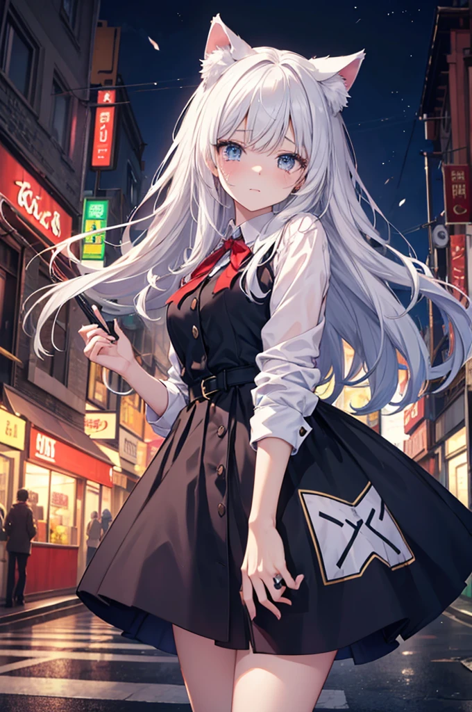 ((masterpiece, best quality)), 1girl, small gun, normal gun, solo, dress, holding, city, buildings, hat, outdoors, bangs, bullets, expressionless, blush, white hair, city field, black gun, red eyes, black dress, looking at viewer, long hair, holding gun, small breasts, black gun, holding gun, white headwear, depth of field,