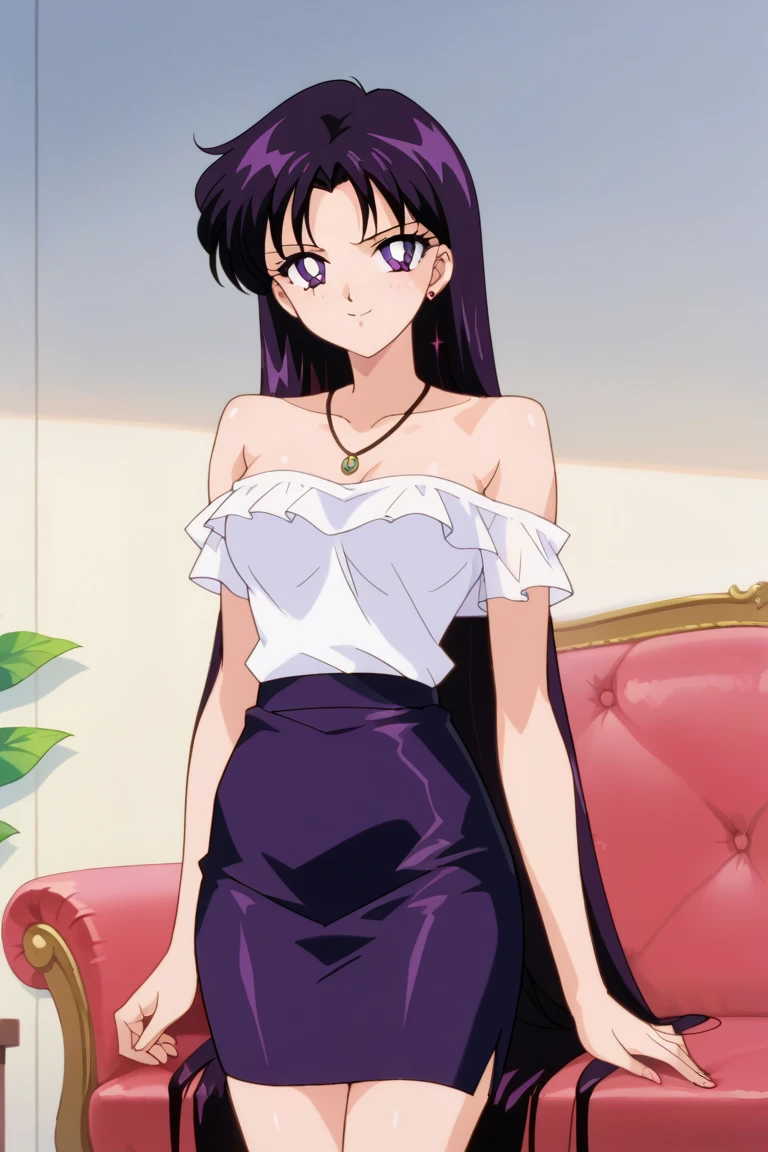 1 girl, solo, Rei Hino, Long Black Hair, Purple eyes, bare shoulders, strapless, off shoulders, white ruffle off the shoulder maxi dress, smile, ballroom, columns, cowboy shot, facing viewer, absurdres, ultra detailed, masterpiece, best quality, Teenager, window of a purple sundown, arms at sides.