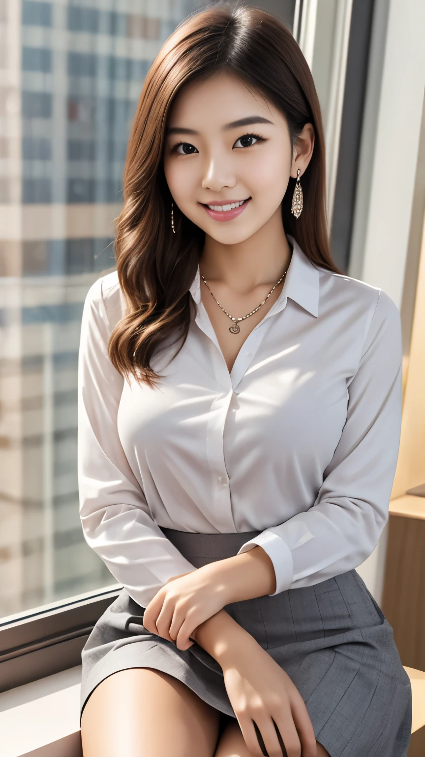 anatomically correct 5 fingers a young korean woman in a white shirt and gray skirt posing by a window, Office Wear, is wearing a blouse, ビジネスウェア, smooth white tight clothing set, wearing a white blouse , Clean white shirt, white blouse , wearing a white button down shirt, Elegant slim beige shirt, wearing a white shirt, Work clothes, white shirt and gray skirt , Elegant clothing earrings Necklaces Sensual body looking at camera cute charming smile with hands between legs