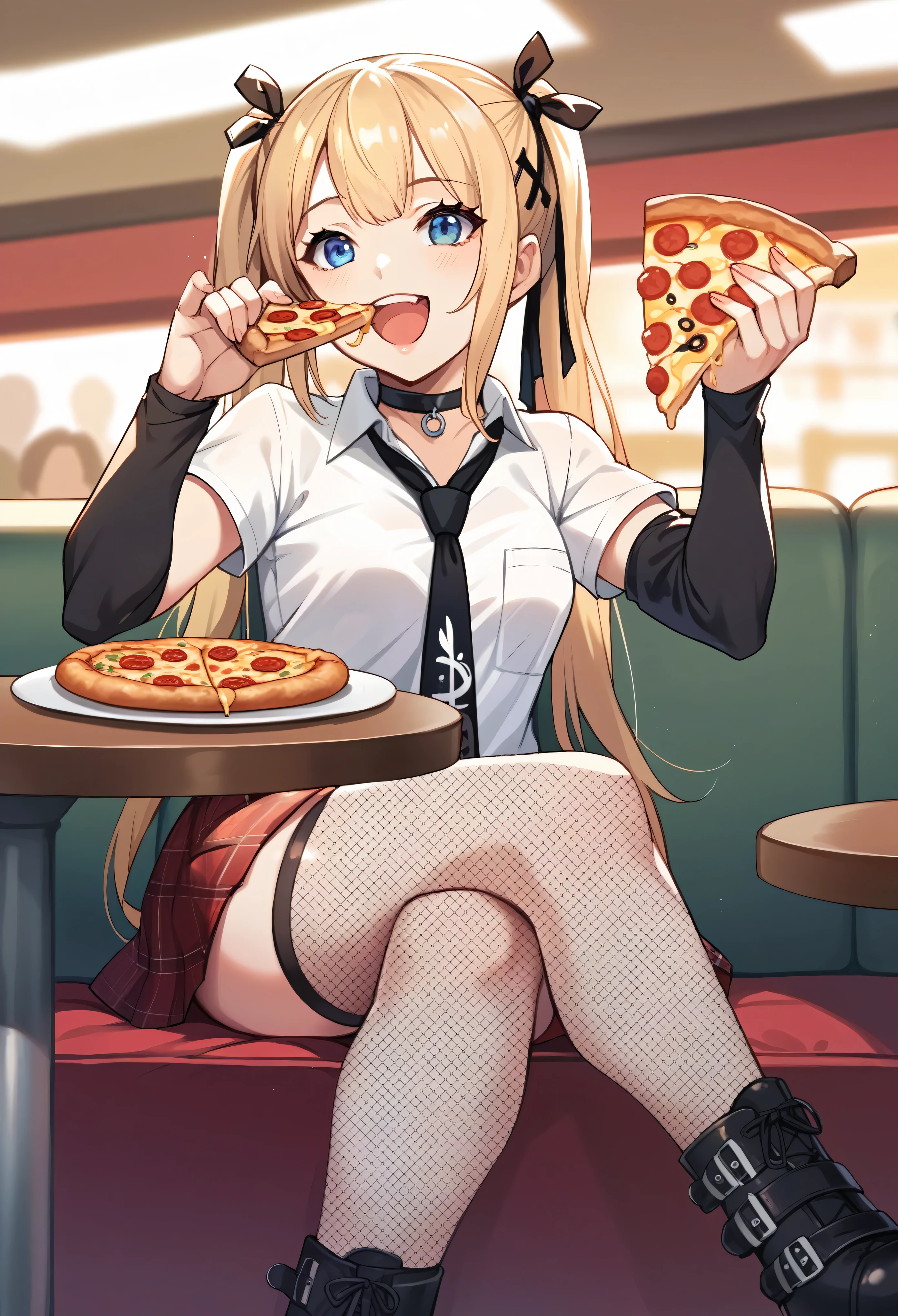 score_9, score_8_above, score_7_above, score_6_above, source_animated, PAUSE A girl ,doamarie, blond hair , collections, hair ornament, headband , camisa blanca, choker, black tie, red miniskirt, plaid skirt, arm warmers, detailed , black boots, session,Restaurant, board, holding a piece of pizza, open your mouth, happy, eating