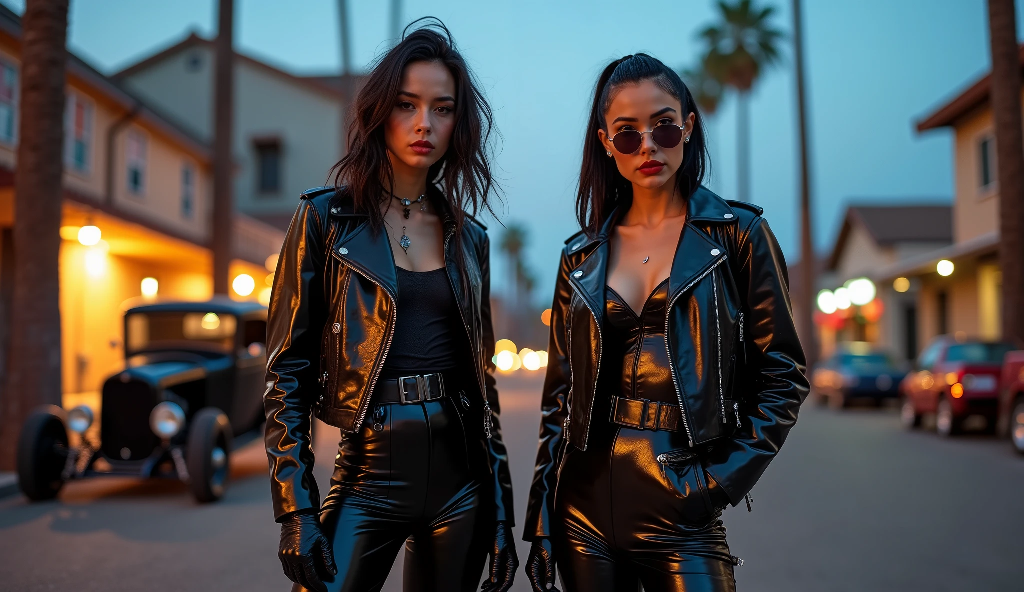 8k, high resolution, masterpiece, ultra-detailed, full body shot, (((cute tanned barely legal girl in worn leather shirt and leggings, shiny puffer jacket off-shoulder, wide neckline, deep neckline))), (small perky breasts, small hips, detailed face, seductive expression, long slick ponytail hair, some tattoos), (((in a dark dungeon, moody atmosphere, random dramatic and neon colors, intricate details, dim light from behind, at night, backlit, full body shot, random colors, random pose)))