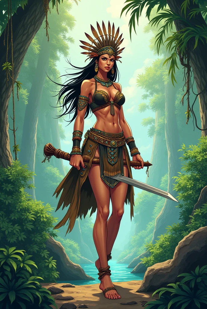 An Amazon Warrior, Tribal Warrior, (Anime), Ultra Detailed, Volumetric Light, RPG, Fantasy, Dense Tropical Jungle. --auto --s2