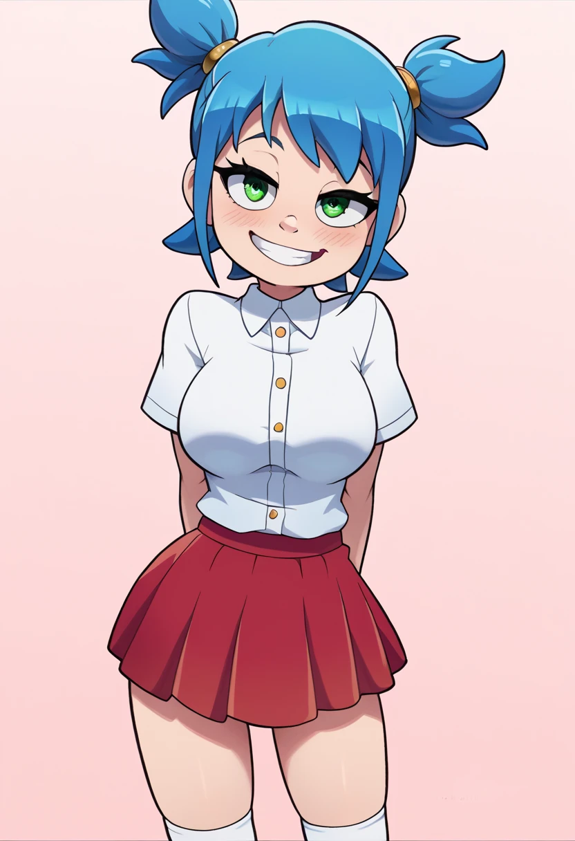 score_9, score_8_up, score_7_up, source_anime, best quality, clear face,shool skinny Nami-girl, bright blue hair, green eyes, medium hair, large breasts, perfect body, standing, looking at viewer,smug smile cute ,watered eyes, china d, indoor, w,blushing,embrassed,cute boob, p,mini red skirt,plain white shirt,p with hand at side,kyah,cute,Short Twintails,extremely short skirt,white socks,dimple design,face close up,face from close