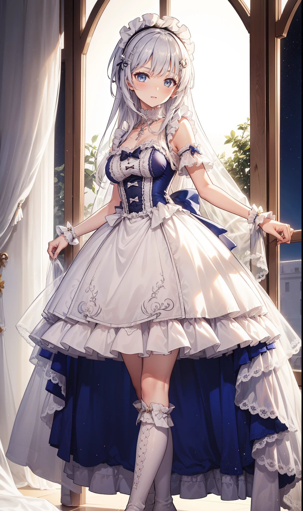 goddess，obsessed，have fun，in love，(White transparent maid uniform，With a long skirt)，Silver Hair，blue eyes，Transparent Clothes，Exquisite hair accessories，Transparent lace，Sky blue pattern，night，Dress nicely，bedroom，solitary，night，Engraved suspender boots，Beautiful face，Garter stockings，illustrious (maiden lily's radiance) (azur lane)，sfw