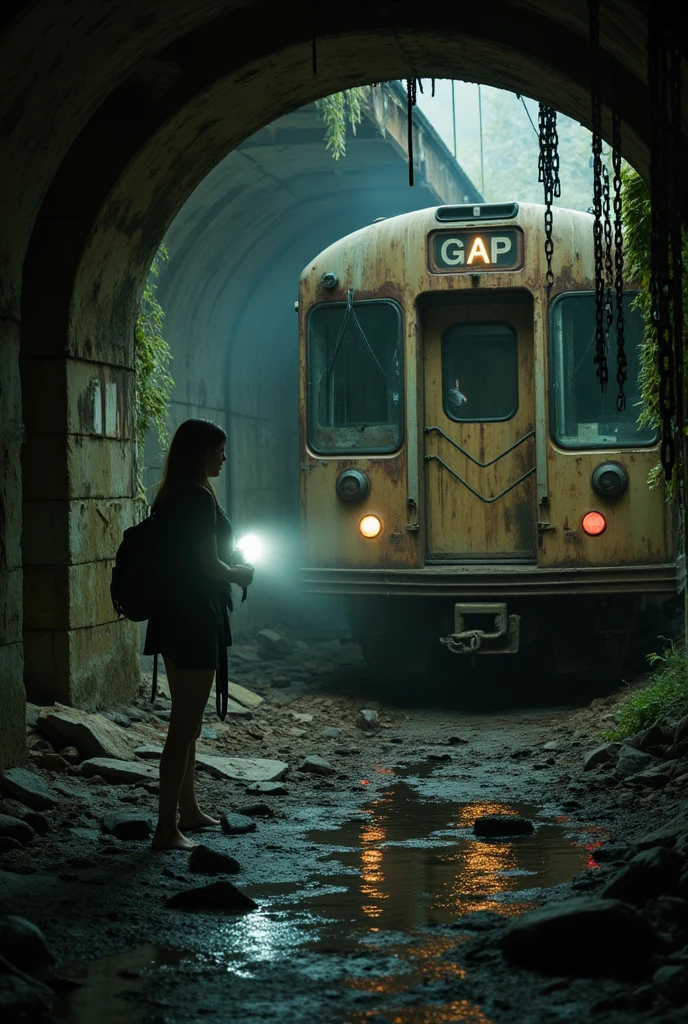 Create a diagonal and faithful image of a sad girl with torn and dirty clothes in the style of 1 madmax leaning against the side of a long rusty and dirty subway train with METAL spikes around it, she is wearing an old gas mask, armored train, there are MANY POINTS AROUND THE TRAIN BODY. front with a broken metal grate with several rusty spikes and bloodstained anti-zombie spikes; military style with modifications and protection with metal plates, war tank style, broken and dirty headlights with grilles, the train is passing underground inside an abandoned and dirty station in ruins beneath the American city center of ultra futuristic and post-apocalyptic Manhattan, there is vegetation growing in the corners of the walls at the station, there is debris on the train tracks, trem steampunk, dramatic art, dieselpunk art style, apocalyptic road warrior vibe, surreal digital art, mad max inspired, heavy metal artwork, chrome grille symmetry, arte steampunk digital, this'It's not the Mad Max style, metal art, is not Filip Hodas; artwork style, steampunk digital art, dieselpunk, in a high-tech world, photo on the diagonal, high qualiy, 8k, extremely detaild, as realistic as possible, a mais high qualiy possível.