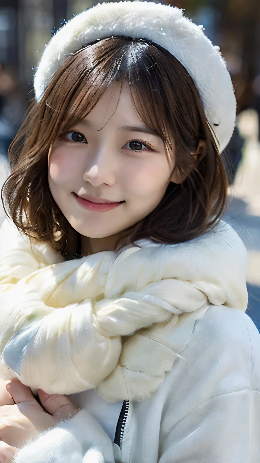  masterpiece, High Quality ,A perfect smile,1 girl, Alone,   cowboy shot、 are fluffy and wearing white clothes、White Hat、Wearing a scarf、Winter town、Fair skin, clear skin, detailed eyes,Shorthaired smiles ,  high definition ,  textured skin,   Realistic Textures、Real People 、 Irregularly Disheveled Hair、Bright expression、Neat Pretty Girls 