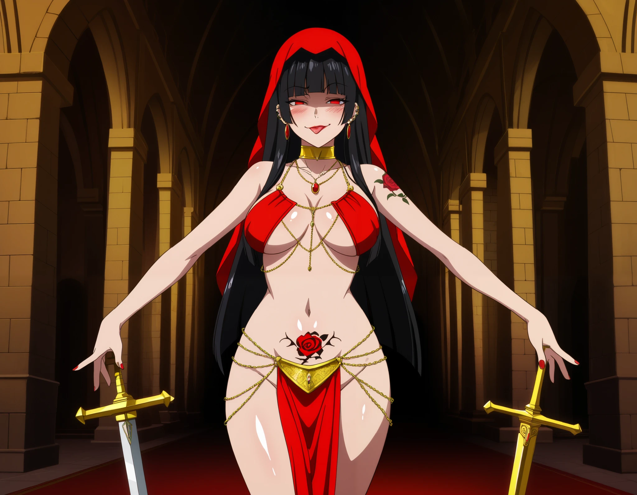 yumeko, black hair,red eyes,bangs,lips,blunt bangs,hime cut,nail polish, red nails,
, evil smile, smug, smirk, anime coloring, unusually open eyes, ear piercing, long hair, blush, lipstick,Hot girl, baddie, smoking, sensual, attractive ,,castle,inside castle, masterpiece, best quality, highly detailed ,gold_choker, complex detailed
background,
inside, , holding a sword, sword, belly_chain,harem_outfit,navel, necklace,
pelvic_curtain,revealing_clothes, veil，masterpiece,best quality,1girl,mature,evil smile, smile,
female,mature,necklace,pendant, (nsfw) not safe for work, exposed belly, exposed navel, exposed
midriff, exposed lower belly, , tattoo on body, tattoo midriff, rose tattoo, shiny skin,tongue out, open
arms sideway, arms T-pose, smirk, standing, anime girl T posing, 