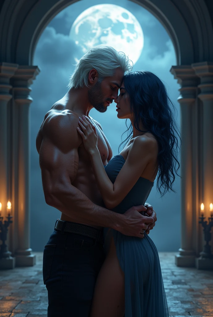 aqua, kingdom hearts, topless, nude, deep cleavage, large breasts, aqua embracing dracula, aqua kissing dracula, male dracula, black hair, pointed teeth, dracula biting aqua's neck