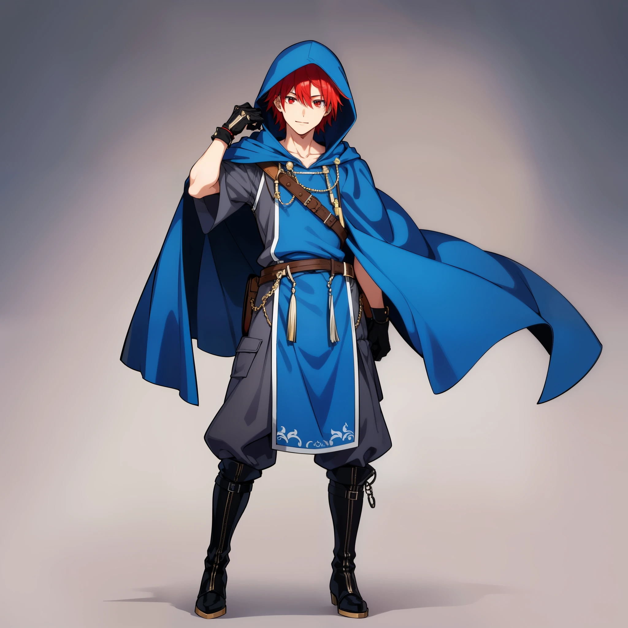 (high-quality, breathtaking),(expressive eyes, perfect face) 1male, boy , solo, young adult, short hair length, fluffy spiked hair, red hair, red eyes, sky blue hooded cape, hood up, grey background, symmetrical eyes, full body, portrait, symmetrical body, centred composition, gloves, boots, fantasy attire, mage profession, fire emblem, smile, positive expression, blue and white robe, black under shirt, black baggy pants, kind face, simple background
