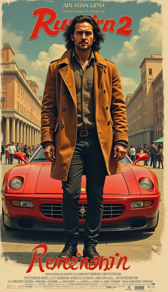 New Movie Poster, Title is elegant letter " Gucci 2" writing letter at bottom screen, Gucci 2 , Gucci Resurrection, directed by Ridley Scott, starring American actor, 1 man, name is Jean Leto, black hair, shot hair, upper bread only, serious, functional beauty camel brown parka with Gucci logo,dark brown leather breech,  black long boots, near Red Ferrari , in Roma, noon, ( super detailed,   High Details,  High Quality , Accurate,  anatomically correct , textured skin, beautiful fingers  super detailed,   High Details  ,  High Quality ,  High Quality )
