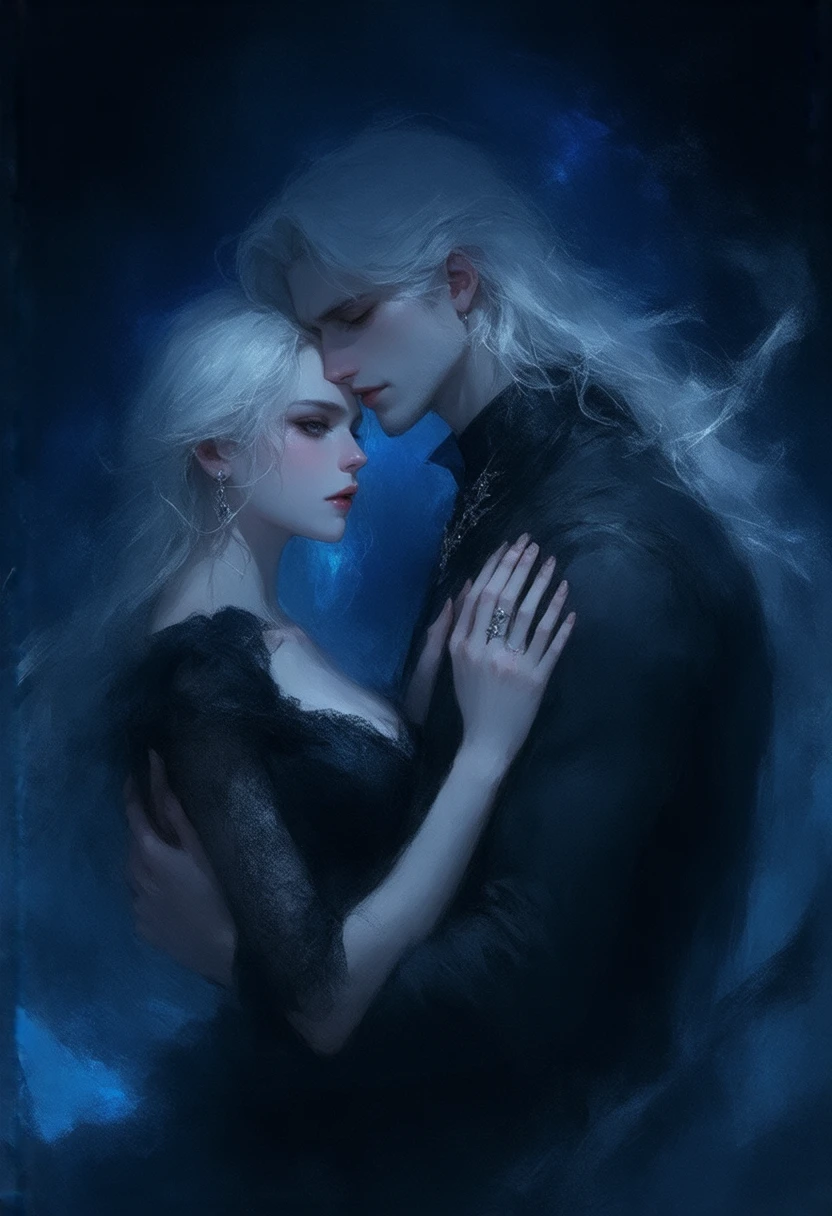 Casal jovem vampiro, faces jovens, jovem vampiro com cabelo branco segundo uma jovem mulher, metade do corpo, atraente, rosto mais perfeito, design de olhos profissional, Pintura digital, quarto escuro no fundo, fantasia, detalhes intrincados, actual configuration, Face card, ao estilo de Ellen Gallagher, Abigail Larson e Anton Pieck