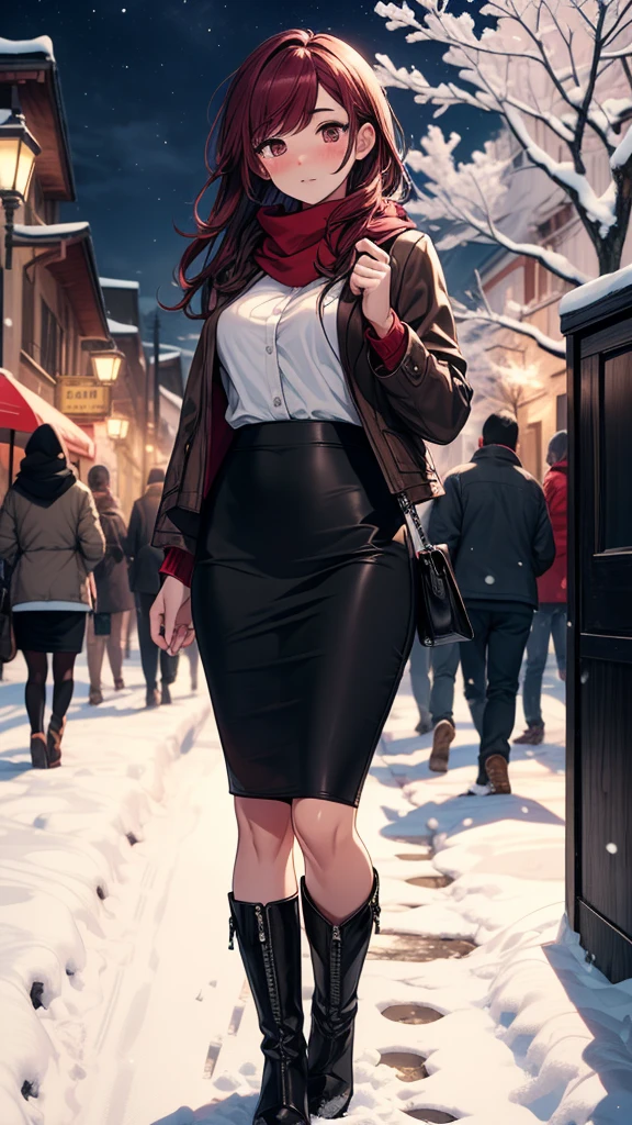 ((masterpiece, best quality:1.3, high detail)), beautiful woman, looking at viewer, long hair, (maroon hair), full-face blush, solo focus, one person, (brown jacket, white blouse, red scarf, (long black pencil ((skirt))), long pencil skirt, boots, outdoors, (night sky, snow), (lower body), (realistic), (realism), (ultra detailed), park, tree,