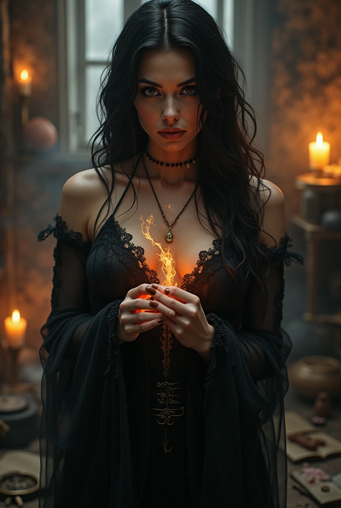 (A gorgeous 23-year-old Italian woman,cleavage,curvy body,ancient dark magic priestess,gothic,horror movie,spooky scene,hyperrealistic,photorealistic,best quality,8k,ultra-detailed,vivid colors,dramatic lighting,chiaroscuro,moody,cinematic)ethereal. ((Glowing energy in her hands))Lightning. Power.