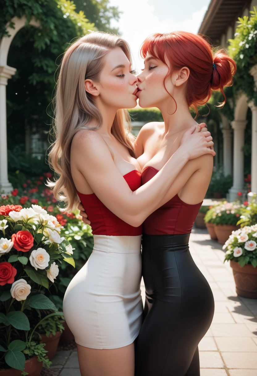 girls kissing each other , 18 and , solo, aesthetic art, Irish and Ukrainian, beautiful highly detailed face, thin face, wavy strawberry blonde hair and dark red hair, shoulder length hair, grey-eyed, light gray eyes and light green eyes, some small freckles, pale skin, runner&#39;s body, hugs, (texturized skin, skin pore: 1.1), goose bumps, wearing a very short and tight skirts, high-waist, pose sexy, ultra realistic flower garden with lesbians kissing 