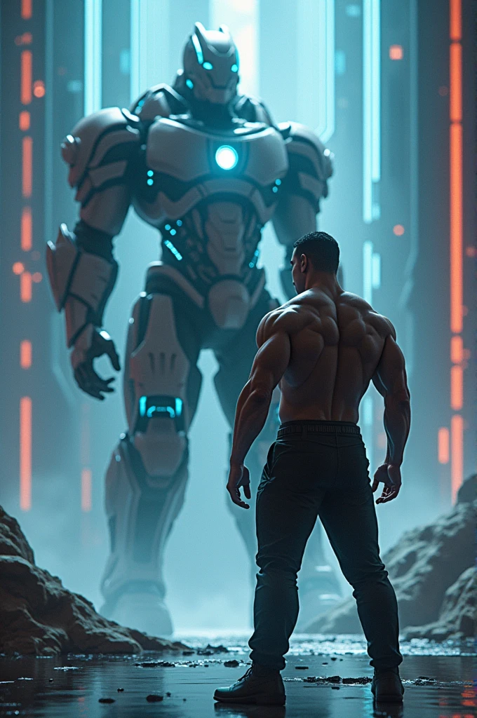 Strong man facing a supra with blonde woman