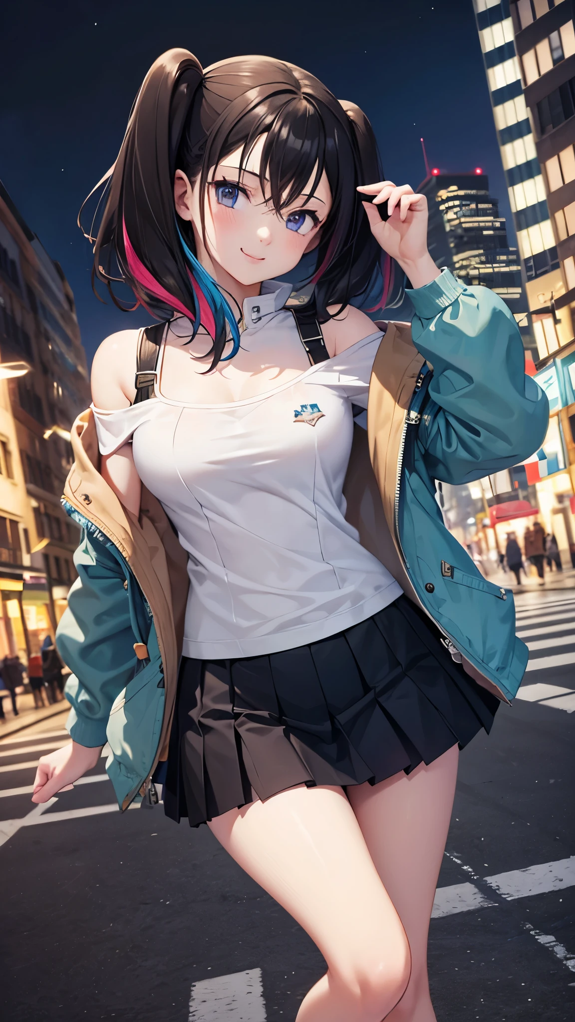 1girl, black_skirt, blue_hair, building, city, cityscape, hair_between_eyes, jacket, looking_at_viewer, medium_hair, multicolored_hair, multiple_boys, night, off_shoulder, outdoors, pleated_skirt, road, shirt, skirt, skyscraper, smile, solo_focus, street, white_shirt