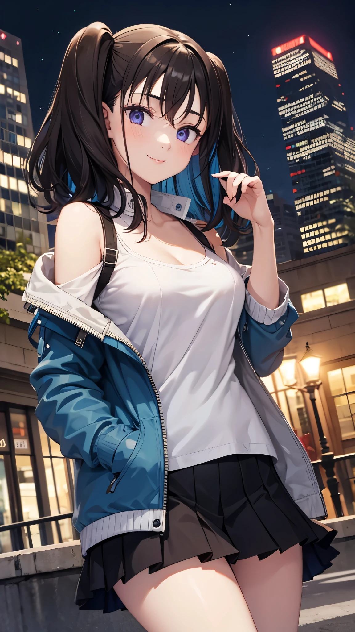 1girl, black_skirt, blue_hair, building, city, cityscape, hair_between_eyes, jacket, looking_at_viewer, medium_hair, multicolored_hair, multiple_boys, night, off_shoulder, outdoors, pleated_skirt, road, shirt, skirt, skyscraper, smile, solo_focus, street, white_shirt