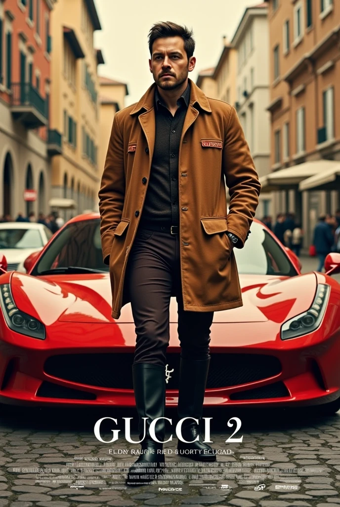 New Movie Poster, Title is elegant letter " Gucci 2" writing letter at bottom screen, Gucci 2 , Gucci Resurrection, directed by Ridley Scott, starring American actor, 1 man, name is Jean Leto, black hair, shot hair, upper bread only, serious, functional beauty camel brown parka with Gucci logo,dark brown leather breech,  black long boots, near Red Ferrari , in Roma, noon, ( super detailed,   High Details,  High Quality , Accurate,  anatomically correct , textured skin, beautiful fingers  super detailed,   High Details  ,  High Quality ,  High Quality )
