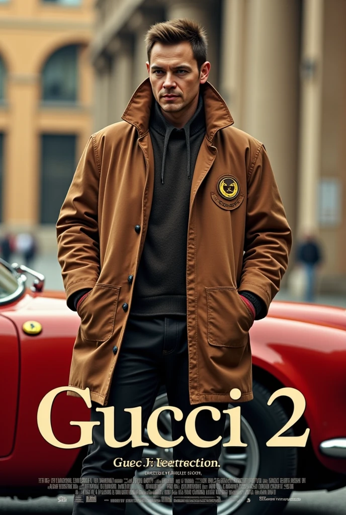 New Movie Poster, Title is elegant letter " Gucci 2" writing letter at bottom screen, Gucci 2 , Gucci Resurrection, directed by Ridley Scott, starring American actor, 1 man, name is Jean Leto, black hair, shot hair, upper bread only, serious, functional beauty camel brown parka with Gucci logo,dark brown leather breech,  black long boots, near Red Ferrari , in Roma, noon, ( super detailed,   High Details,  High Quality , Accurate,  anatomically correct , textured skin, beautiful fingers  super detailed,   High Details  ,  High Quality ,  High Quality )
