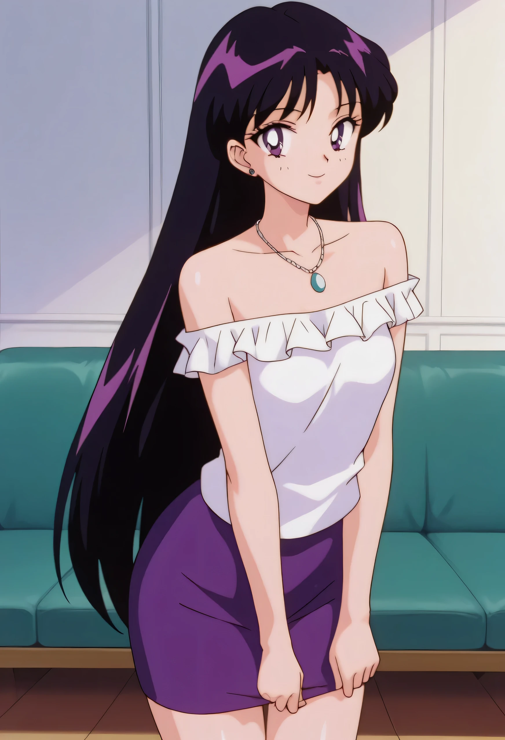 sysdeep_rei, long hair, black hair, purple eyes, retro artstyle, anime coloring, 1 girl, solo, Best quality, masterpiece, High Definition, strapless, short sleeve white ruffle off the shoulder tank top, a purple pencil skirt, standing up, arms at sides, necklace, indoors, sofa, seductive smile
