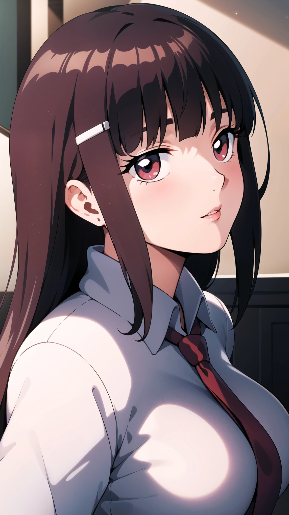 full body, school uniform, red tie, white shirt, blue sweater vest, pleated skirt, hair clip, hair ornament, red eyes:1.3, red pupils:1.3, red lips:1.2, bangs, brunette hair, black hair, long hair,1 girl, 18yo, young female, slim body, curvy body, beautiful finger, Beautiful long legs, Beautiful body, Beautiful Nose, Beautiful character design, perfect eyes, perfect face, expressive eyes, perfect balance, looking at viewer,(Focus on her face),closed mouth, (innocent big eyes:1.0),(Light Smile:0.3),official art, extremely detailed CG unity 8k wallpaper, perfect lighting, Colorful, Bright Front face Lighting, White skin,(masterpiece:1.0),(best quality:1.0), ultra high res,4K,ultra-detailed,photography, 8K, HDR, high-res, absurdres:1.2, Kodak portra 400, film grain, blurry background, bokeh:1.2, lens flare, (vibrant color:1.2),professional photograph,(Beautiful, big breasts:1.2), (beautiful face:1.5),(narrow waist),
