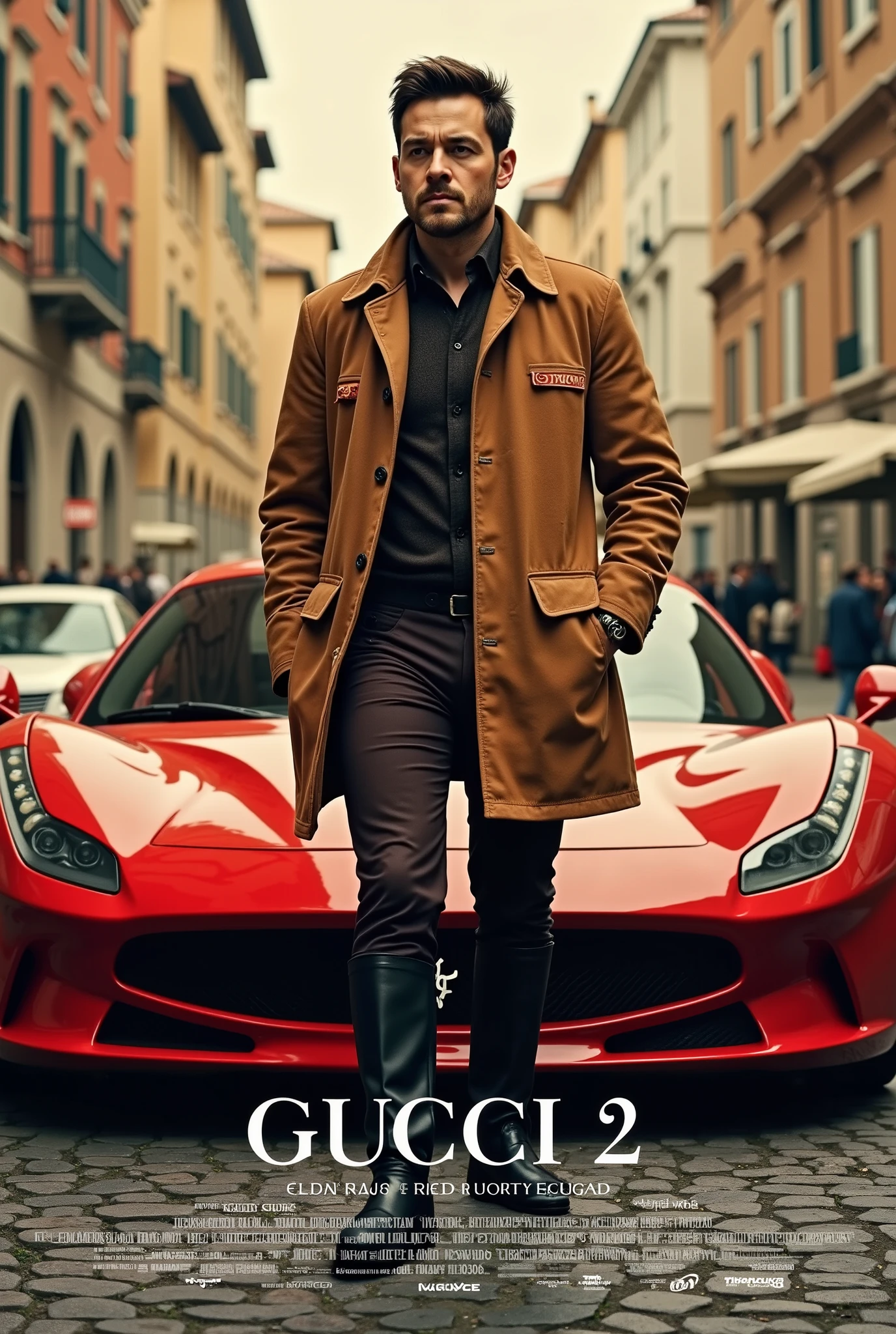 New Movie Poster, Title is elegant letter " Gucci 2" writing letter at bottom screen, Gucci 2 , Gucci Resurrection, directed by Ridley Scott, starring American actor, 1 man, name is Jean Leto, black hair, shot hair, upper bread only, serious, functional beauty camel brown parka with Gucci logo,dark brown leather breech,  black long boots, near Red Ferrari , in Roma, noon, ( super detailed,   High Details,  High Quality , Accurate,  anatomically correct , textured skin, beautiful fingers  super detailed,   High Details  ,  High Quality ,  High Quality )
