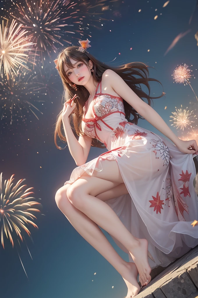 (( Fireworks show seen from a higher place :1.5))，( Ten feet of jade fireworks flying :1.53)， A fireworks show that is beyond imagination ， Evil Smile in the Mirror ，Girl in the sky，Never seen ， Seven Colors ,( 1 girl in )，(cute smile)，( The dress is an intricate dress with a white background:1.4)，( Many lights Particle swirls around the girl ) ，( Best Impact :1.5)， (minimalism:1.7),， vivid contrast ， (realistic),， Super realistic illustration ,， High Resolution ,， extremely detailed ,，absurd，(fractal art:1.3)， Hairstyling ， Gradient long hair ， Full Body Photo ， Shooting the sky from below ， Precise focus ，Random pose，，、The sky looks like 2025