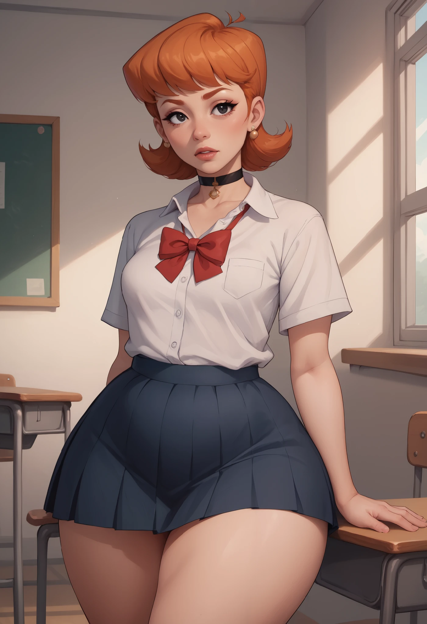 score_9, score_8_up, score_7_up, BREAK, 1girl, solo, black eyes. ginger. small saggy breasts. bbw. huge hips. dextersmom, makeup, jewelry, mature female, choker. Japanese school uniform. school. desk. 