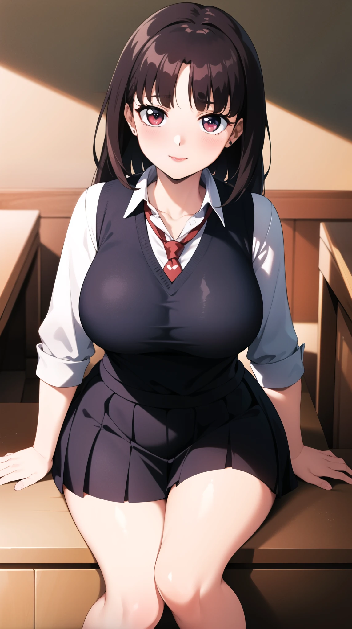 full body, portrait, school uniform, red tie, white shirt, blue sweater vest, pleated skirt, hair clip, hair ornament, red eyes:1.3, red pupils:1.3, red lips:1.2, bangs, brunette hair, black hair, long hair,1 girl, 18yo, young female, cute, blush, slim body, curvy body, beautiful finger, Beautiful long legs, Beautiful body, Beautiful Nose, Beautiful character design, perfect eyes, perfect face, expressive eyes, perfect balance, looking at viewer,(Focus on her face),closed mouth, (innocent big eyes:1.0),(Light Smile:0.3),official art, extremely detailed CG unity 8k wallpaper, perfect lighting, Colorful, Bright Front face Lighting, White skin,(masterpiece:1.0),(best quality:1.0), ultra high res,4K,ultra-detailed,photography, 8K, HDR, high-res, absurdres:1.2, Kodak portra 400, film grain, blurry background, bokeh:1.2, lens flare, (vibrant color:1.2),professional photograph,(Beautiful, big breasts:1.2), (beautiful face:1.5),(narrow waist),