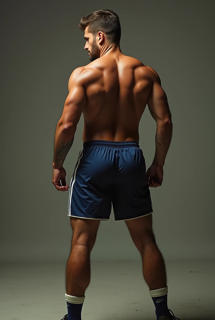  male top, handsome, muscular, bear for several days, standing, full and gym body perfect, stubble, in retro shorts football,futbol style  "80" adidas, bright blue sky, nylon, satin, in dominant attitude, showing marking big bulge, t-shirt 