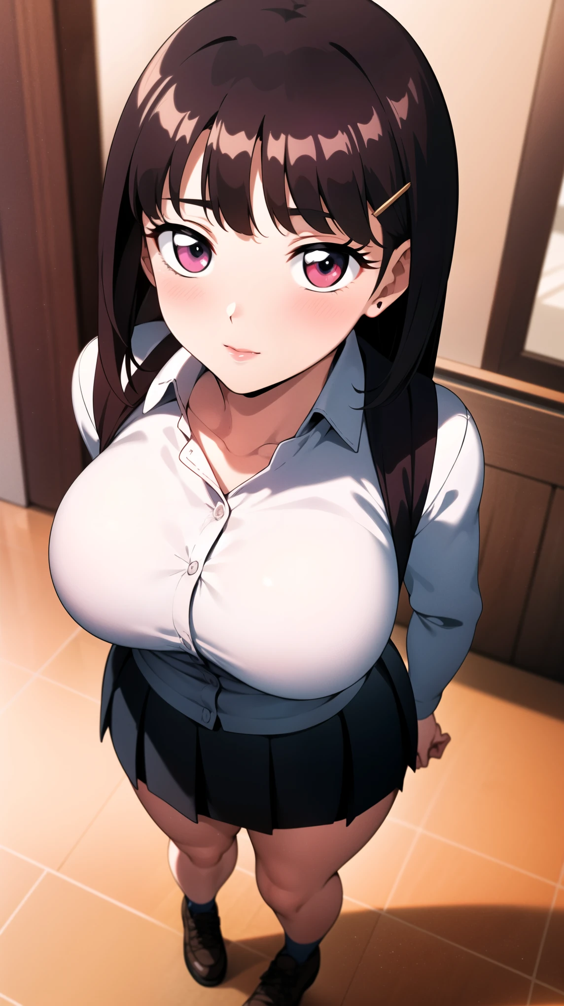 full body, portrait, school uniform, red tie, white shirt, blue sweater vest, pleated skirt, hair clip, hair ornament, red eyes:1.3, red pupils:1.3, red lips:1.2, bangs, brunette hair, black hair, long hair,1 girl, 18yo, young female, cute, blush, slim body, curvy body, beautiful finger, Beautiful long legs, Beautiful body, Beautiful Nose, Beautiful character design, perfect eyes, perfect face, expressive eyes, perfect balance, looking at viewer,(Focus on her face),closed mouth, (innocent big eyes:1.0),(Light Smile:0.3),official art, extremely detailed CG unity 8k wallpaper, perfect lighting, Colorful, Bright Front face Lighting, White skin,(masterpiece:1.0),(best quality:1.0), ultra high res,4K,ultra-detailed,photography, 8K, HDR, high-res, absurdres:1.2, Kodak portra 400, film grain, blurry background, bokeh:1.2, lens flare, (vibrant color:1.2),professional photograph,(Beautiful, big breasts:1.2), (beautiful face:1.5),(narrow waist),