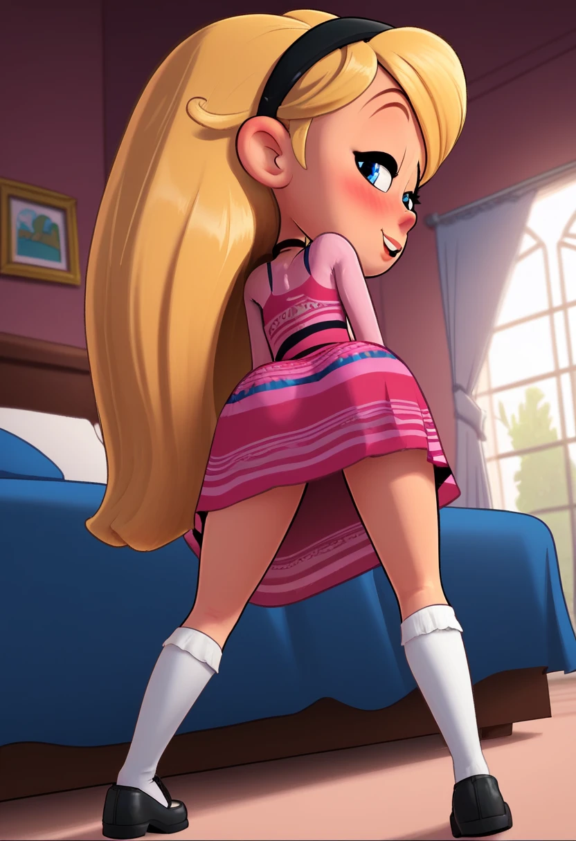 1girl, full body, solo, penny peterson, long hair, blue eyes, 3d, blonde hair, skirt, hairband, black hairband, white socks, dress, pink dress, long sleeves, Butt Clench, perfect body, sexy, sexy legs, looking at viwer, crass girl, bad girl, naughty face, ((bedroom)), back view, ass, bending over, spread ads, blushing, shy, from below, ass focus, ass zoom in