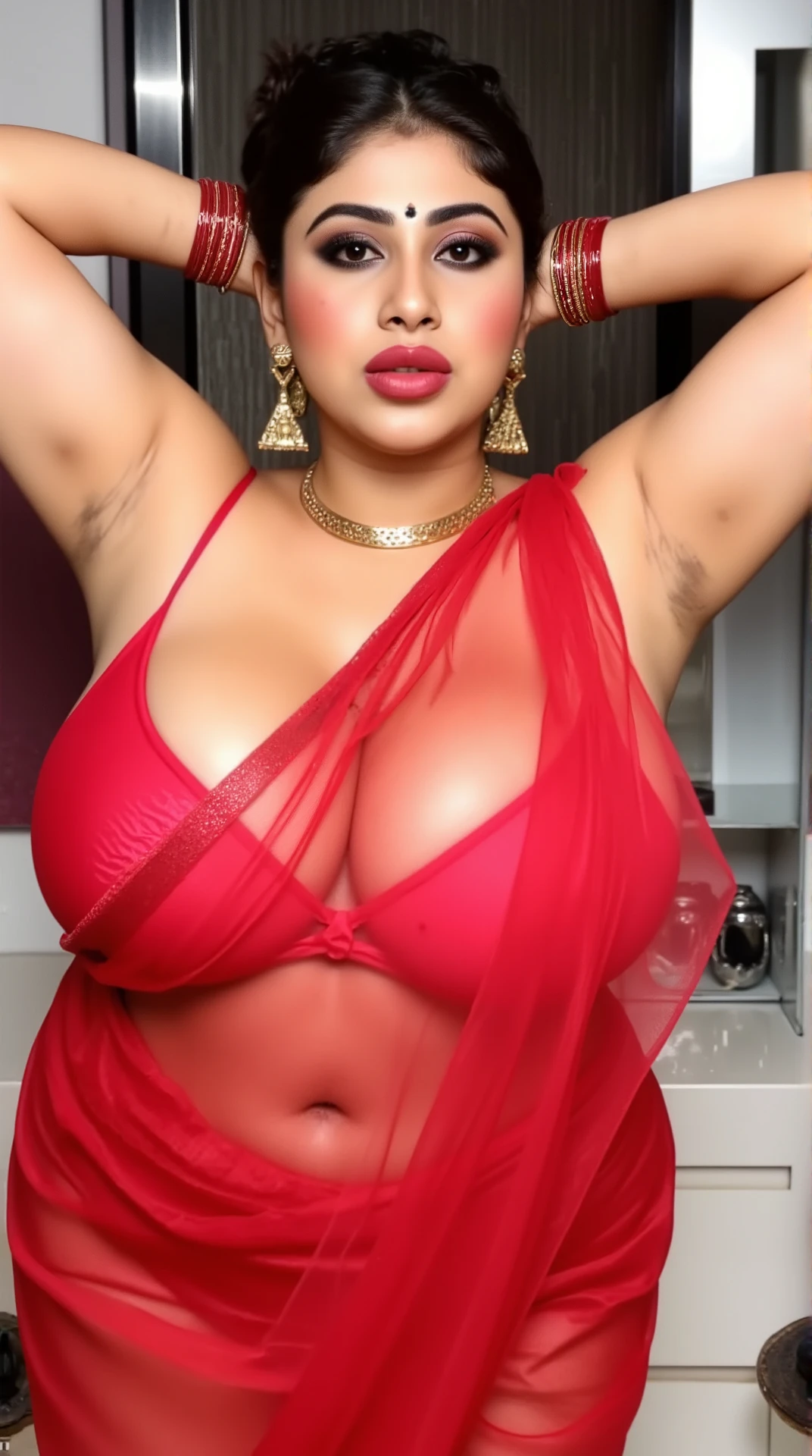 Four Indian beautiful woman sexy alluring face bhabhi, Mouth slightly open, Kajal in eyes, heavy mascara, Giving sexy look to viewer's, big long earrings,(( Wearing sleeveless bikini blouse)),Medium size mole on breast and armpits, Both hand's stretched up above the head showing dark hairy stubble armpits, Sindoor Vermilion in hairs, middle parting ornament in hairs, Golden long necklace, Sleeveless bikini blouse, very deep cleavage, curvy plus size model wearing transparent Dark Red glossy transparent color saree, red nail polish, Dark Red satin glossy sleeveless bikini blouse, plenty red bangles in hand, red dark medium bindi on fore head, Red dark lipstick, heavy bridal makeup, showing navel and midriff, facing to camera in Squat posture, Wearing black High heels sandals, curvy legs, curvy plus size figure, big large m-cup breasts, deep cleavage, huge breasts, side bun hairstyle, bright eyes, thin eyebrows, fair skin, blushing cheeks, prefect ,head to thighs view, head to thigh view, bright sunlight, oily sweaty shiny detailed skin.