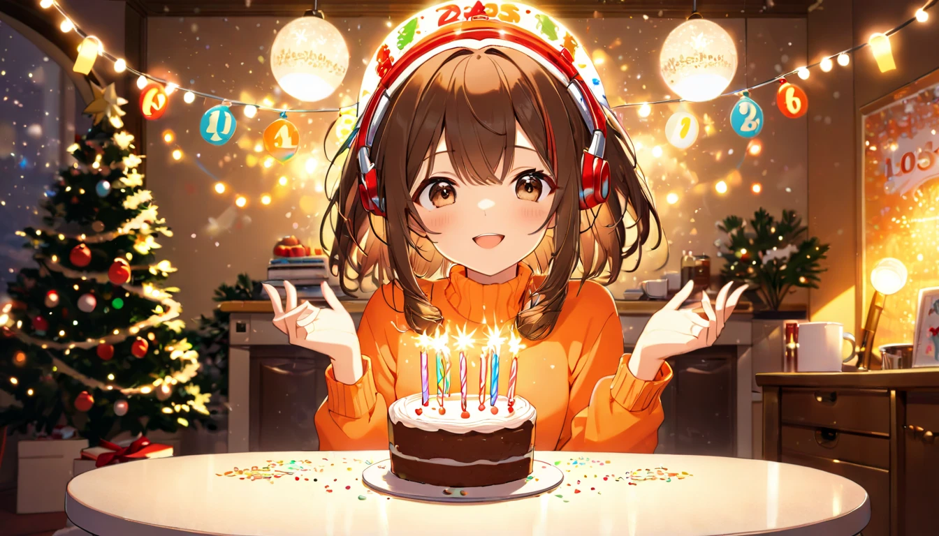 The scene features a cheerful 20-year-old girl with brown hair wearing headphones, surrounded by glowing lights (glowing:1.4) in a cozy and relaxing room. She's holding a cake decorated with festive elements to celebrate the milestone. The background is warm and inviting, with soft lighting and subtle celebratory decorations. The atmosphere is peaceful yet joyful, emphasizing the excitement of the achievement. ( very detailed , masterpiece,  top quality,  bright ), ( Anime Style), (Upper Body).
