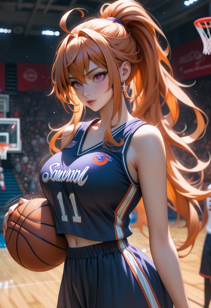 nar_terumi_mei, green eyes, hair over one eye, long hair, large breasts, cleavage, orange hiar, ponytail, beautiful, beautiful woman, perfect body, perfect breasts, wearing a basketball jersey, on the basketball court, holding a basketball, ring basketball, looking at the audience, slightly smiling, realism, masterpiece, textured leather, super detailed, high detail, high quality, best quality, 1080p, 16k